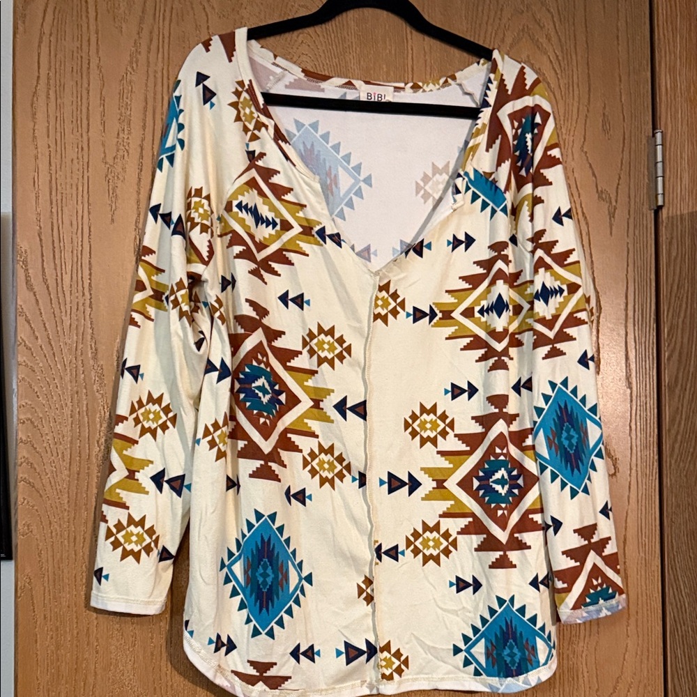 BiBi Aztec Print Blouse - Cream, Brown, Blue, Yellow